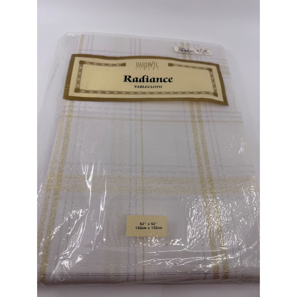 Bardwil Linens Radiance Tablecloth White Gold Silver Metallic Plaid Square 52x52